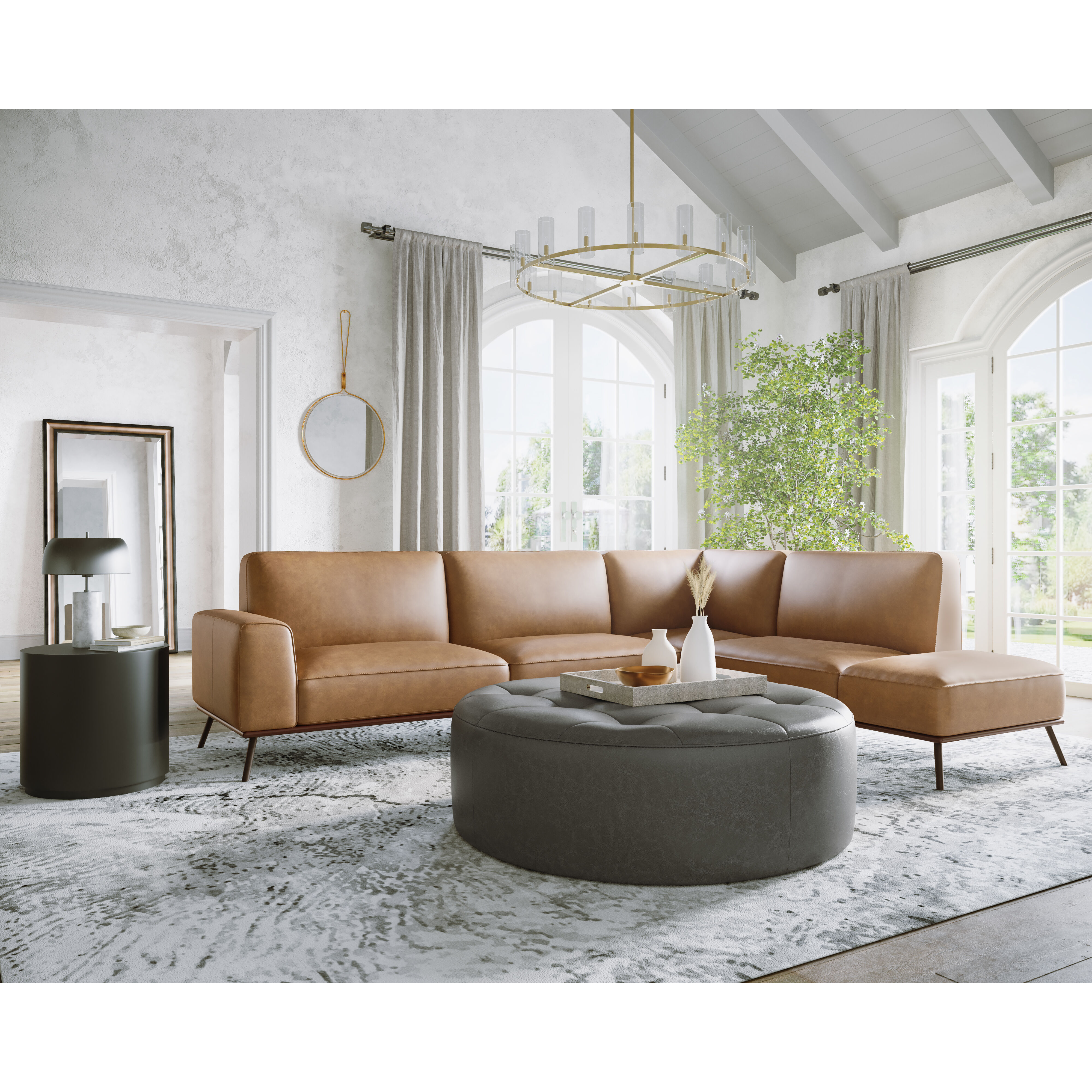 Brandi Camel Leather Sofa Chaise, RAF